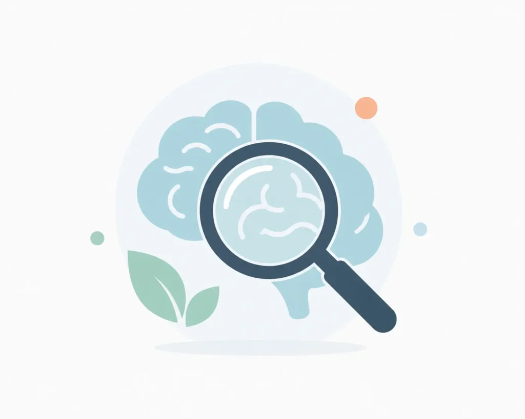 Infographic icon representing analysis of root causes behind self-destructive behavior