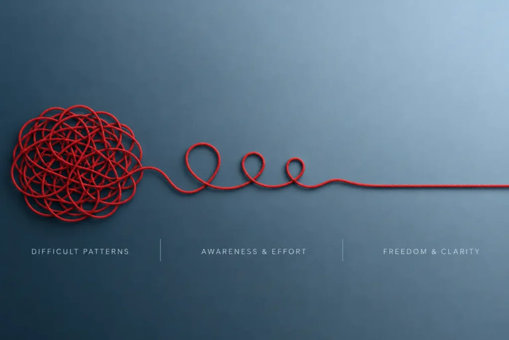 Tangled thread untangling, symbolizing understanding the meaning of self-destructive behavior patterns