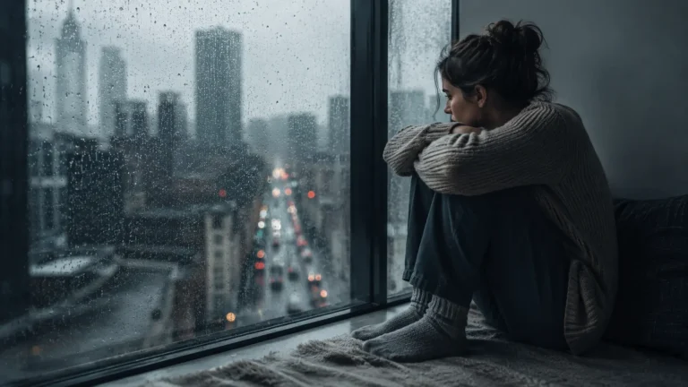 An adult sitting alone by a window, representing the isolation felt in severe attachment disorder in adults.