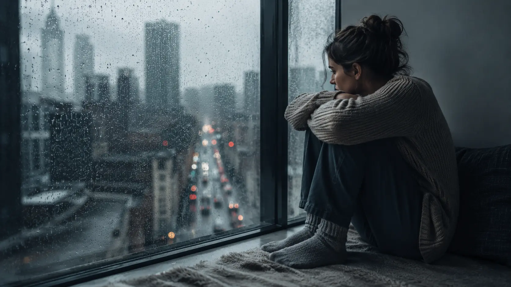 An adult sitting alone by a window, representing the isolation felt in severe attachment disorder in adults.