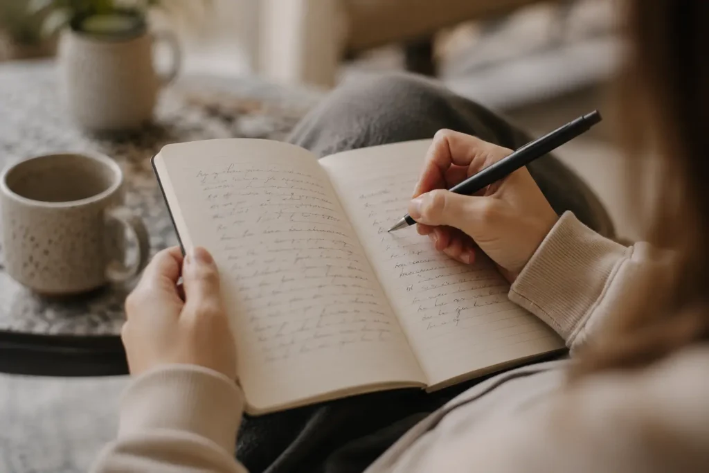 Person journaling to track signs of self-destructive behavior" Caption: "Writing things down can help you notice self-destructive habits before they escalate.